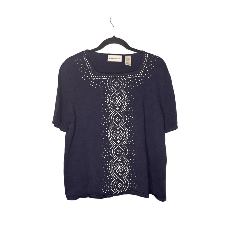 Women's Alfred Dunner Navy Short Sleeve Tee with White Embellishments L